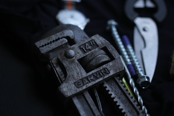 Professional plumbing pipe wrench closeup